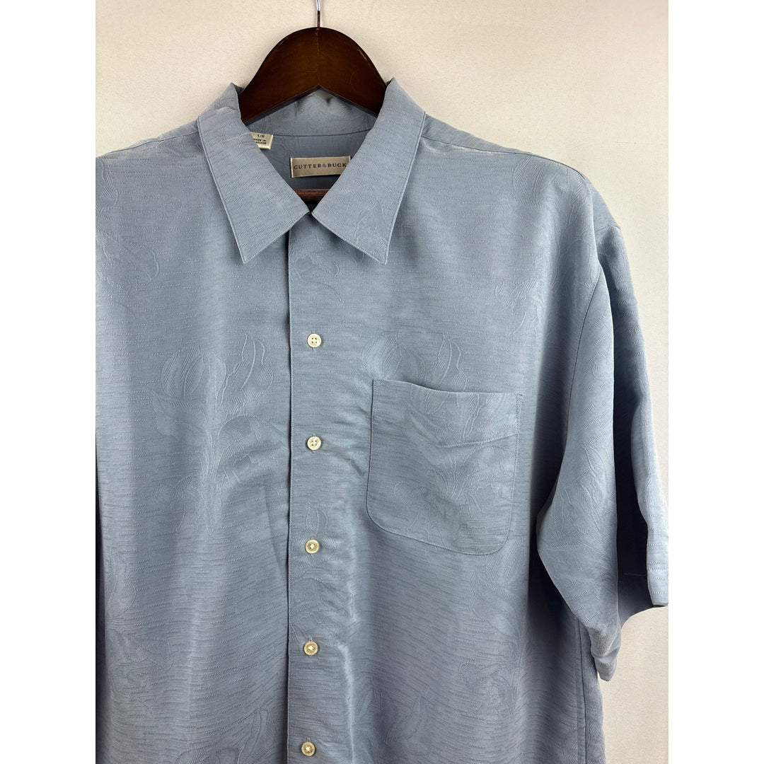 Men’s Cutter & Buck Large Light Blue Short Sleeve Button Up w/ Floral Embroidery