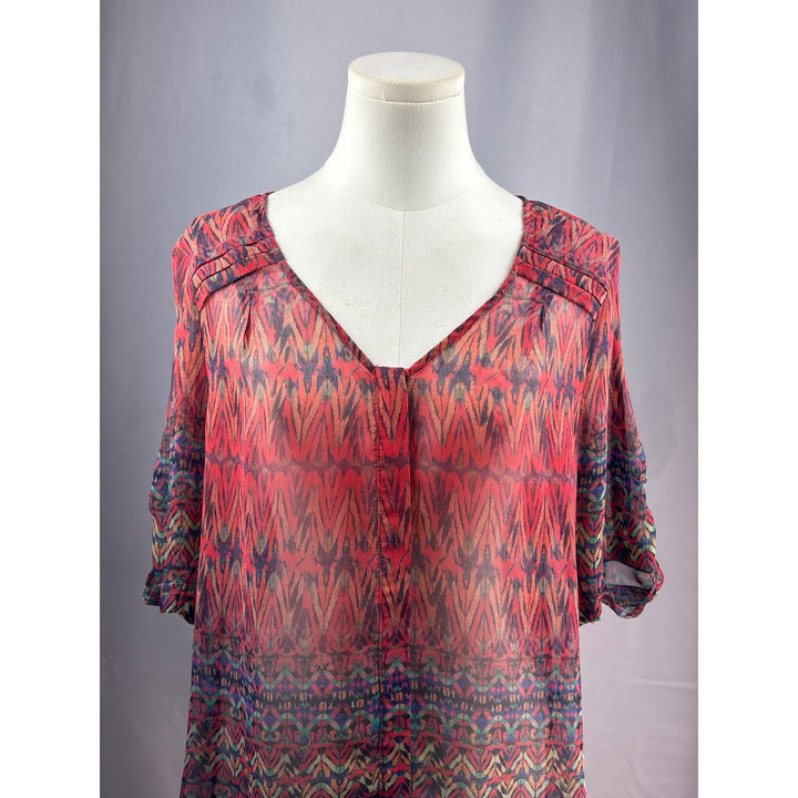 Skies Are Blue Womens V-Neck Blouse Medium Petite Multicolor Sheer 3/4 Sleeve Polyester