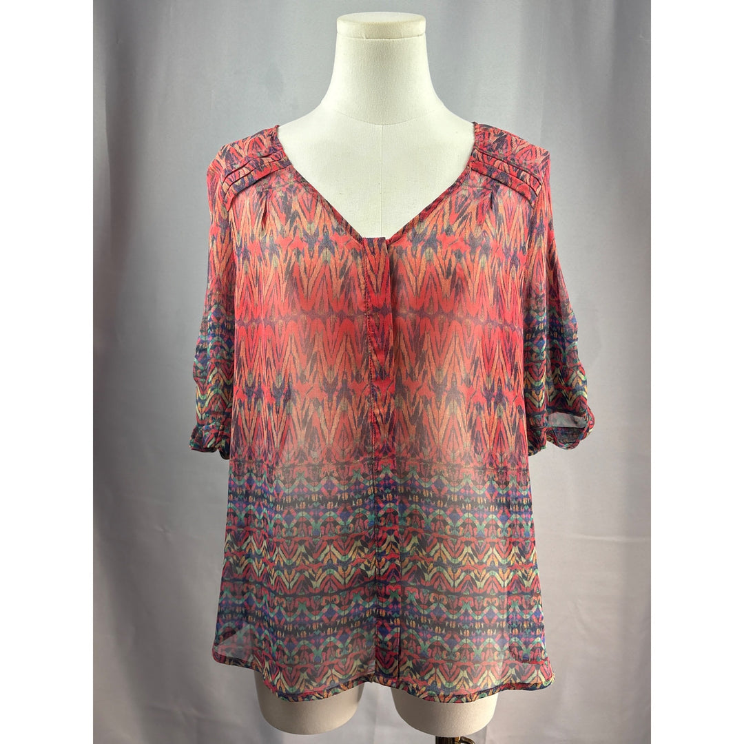 Skies Are Blue Womens V-Neck Blouse Medium Petite Multicolor Sheer 3/4 Sleeve Polyester
