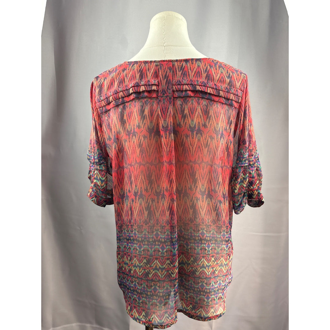 Skies Are Blue Womens V-Neck Blouse Medium Petite Multicolor Sheer 3/4 Sleeve Polyester