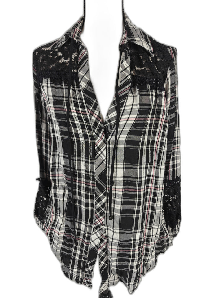 Women’s Atina Cristina Plaid Lace Tunic Blouse Black White Pink Medium