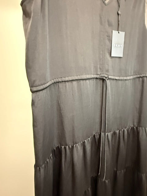 DKNY Black Tie Waist Tiered Maxi Dress Sz L NWT