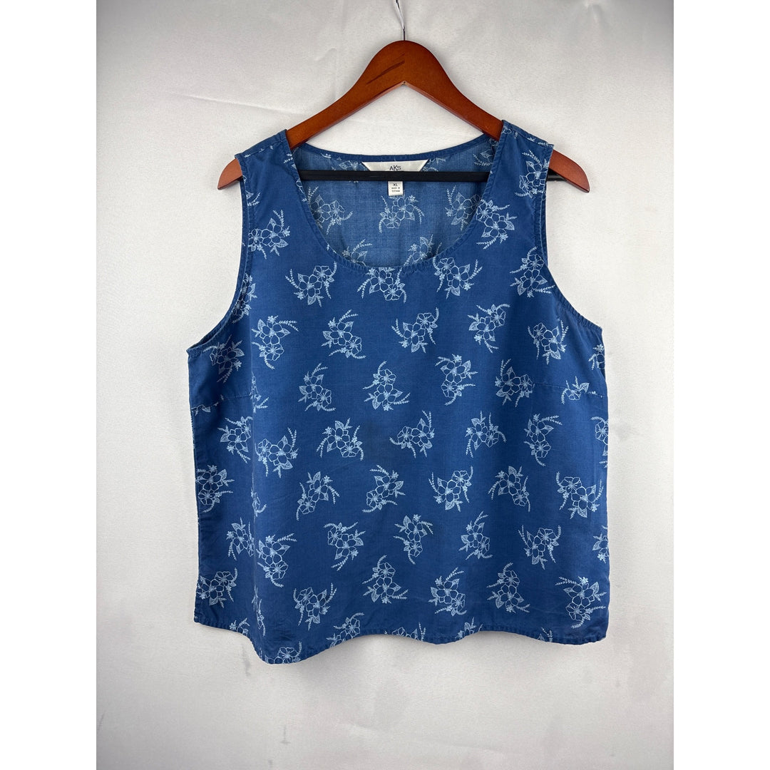AKS Amy K Su Womens XL Floral Blue Tencel Sleeveless Top
