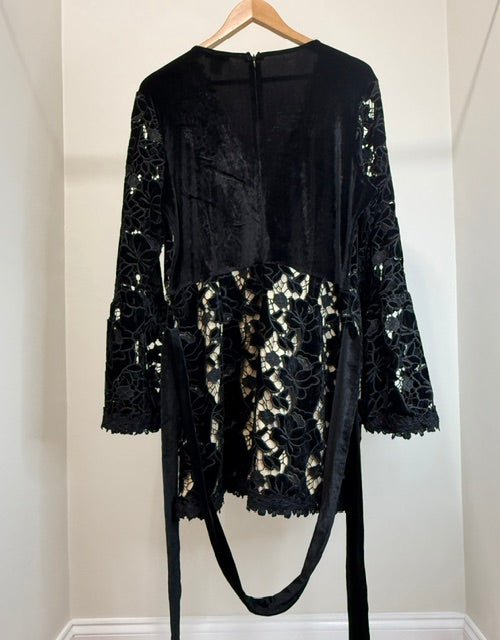 Venus Black Velour &amp; Lace Bell Sleeve Romper SzXL