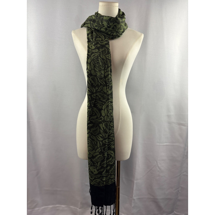 Elegant Green & Black Rose Patterned Scarf Shawl Wrap