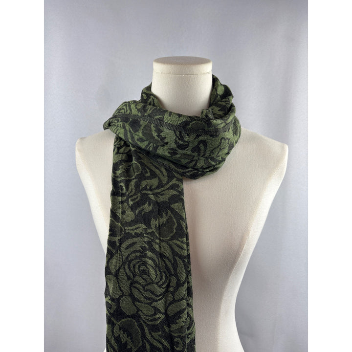 Elegant Green & Black Rose Patterned Scarf Shawl Wrap