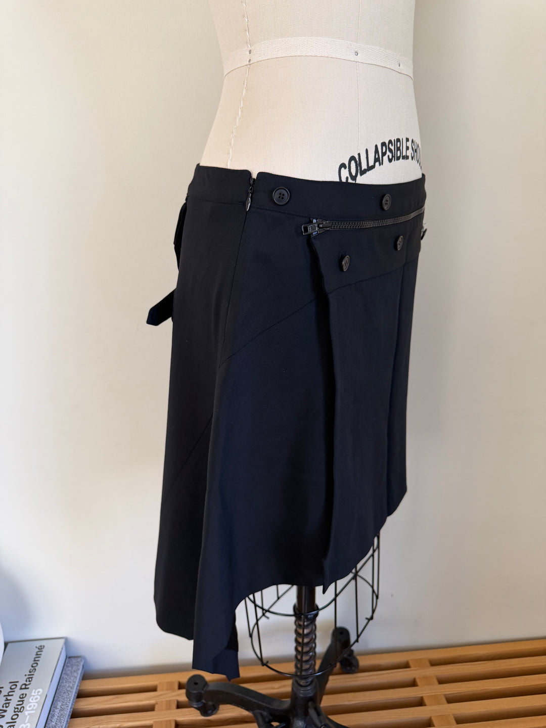 Christian Dior Boutique Galliano FW01 Black Asymmetric Zip Wool Skirt FR40