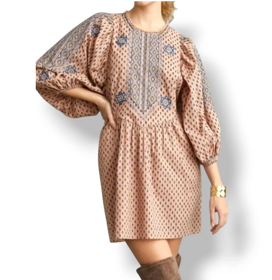 Anthropologie Embroidered Tunic Mini Dress Boho Balloon Sleeve Peach Medium