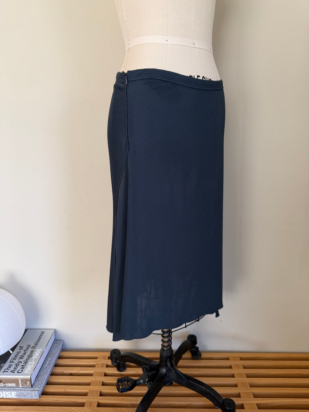 Vintage Navy Asymmetric Midi Skirt with Draped Slit