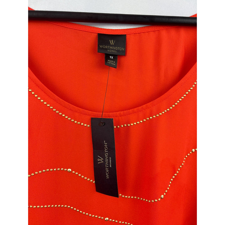 Women’s Worthington Size 1X Orange Tank with Gold Beading Design