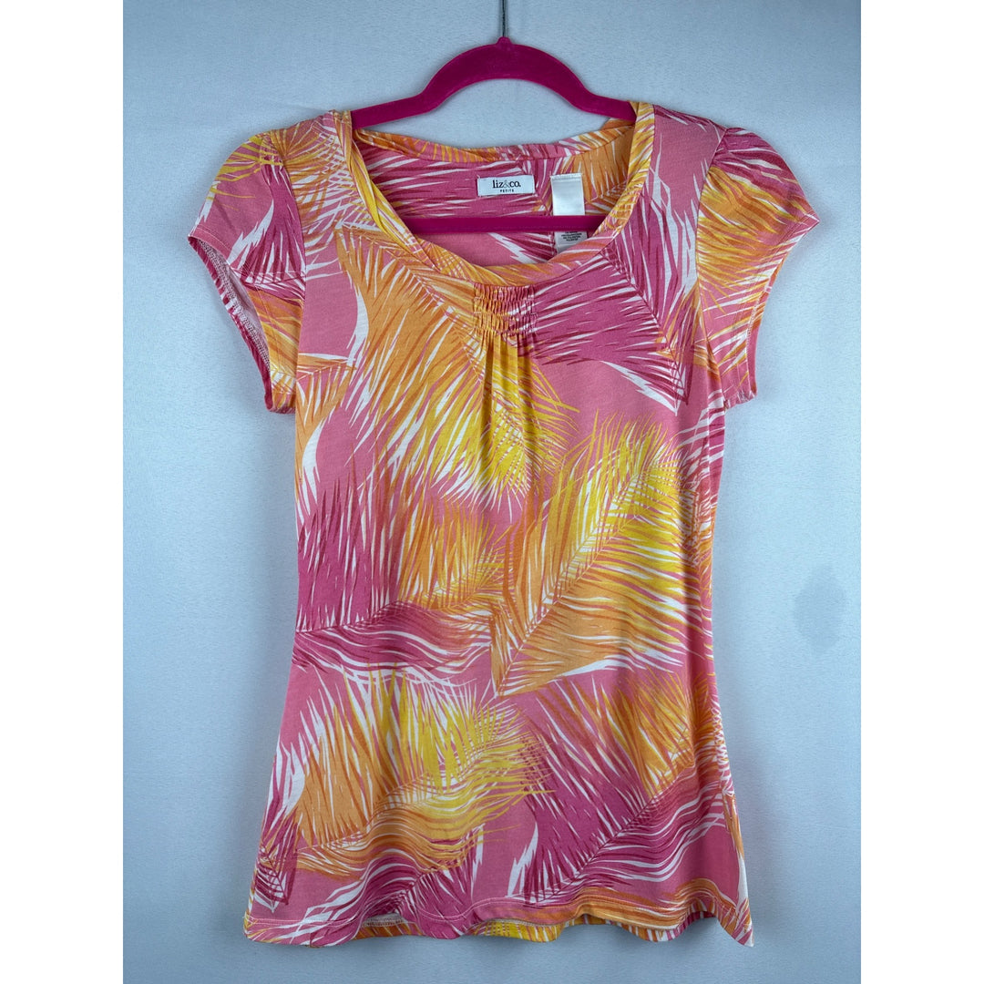 Liz & Co Tropical Palm Leaf Print Petite Summer Top Pink Yellow