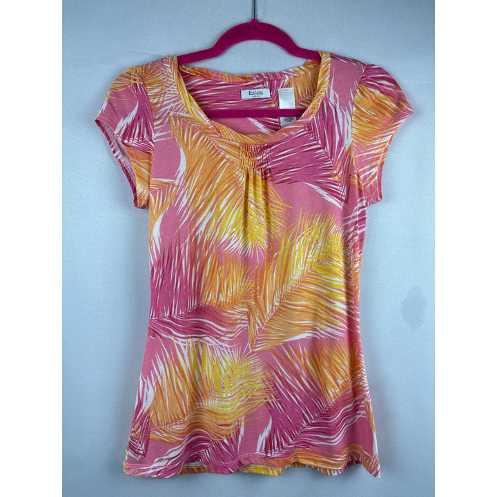 Liz & Co Tropical Palm Leaf Print Petite Summer Top Pink Yellow