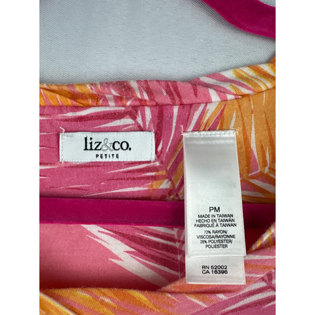 Liz & Co Tropical Palm Leaf Print Petite Summer Top Pink Yellow