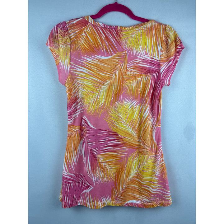 Liz & Co Tropical Palm Leaf Print Petite Summer Top Pink Yellow