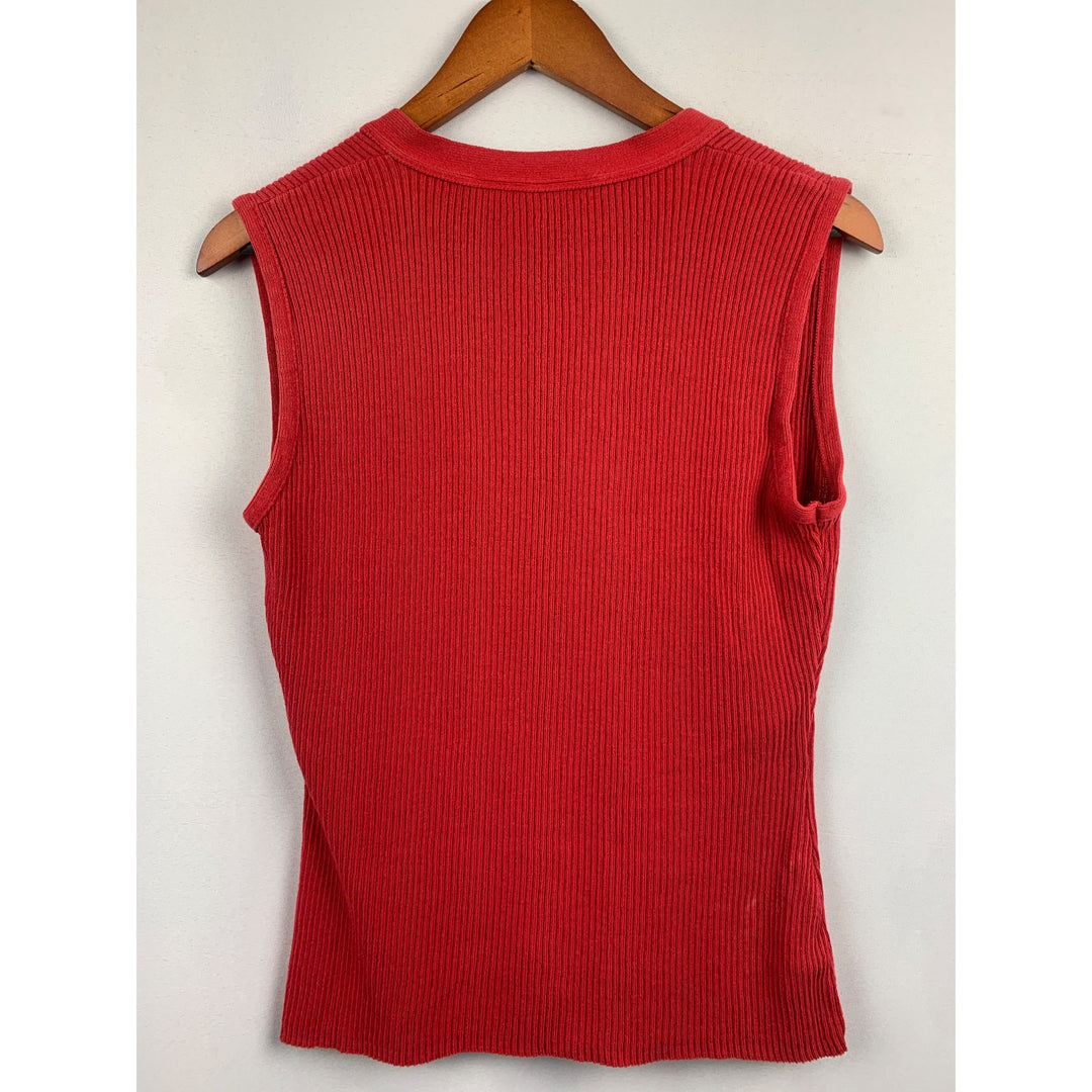 Red Ribbed Sleeveless V-Neck Sweater Vest By M.B. Clothing Medium 100% Cotton