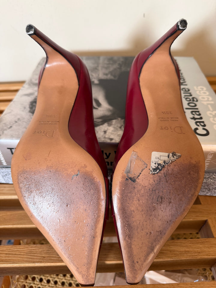 Vintage Christian Dior Red Leather Logo Buckle Pumps 38.5