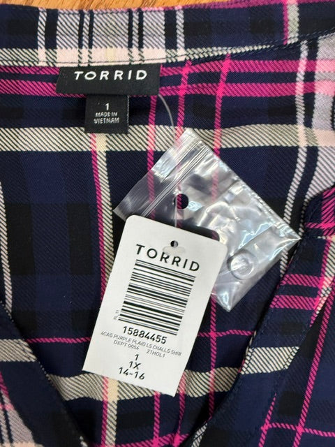 Torrid Plaid Mini Challis Button‑Front Shirt Dress Sz1X(14–16) NWT