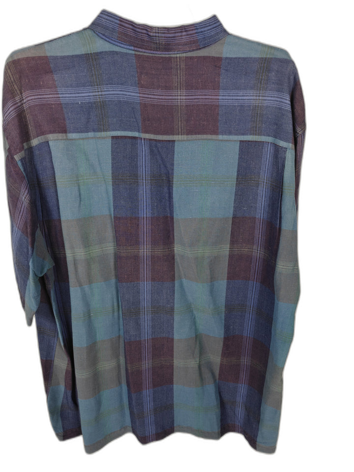 Geoffrey Beene Men's XXL Blue Purple Plaid Short Sleeve Linen Blend Button Up Shirt