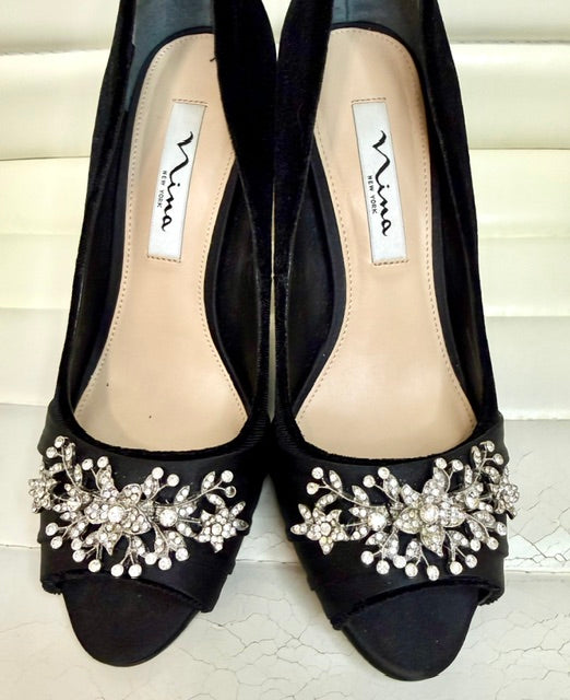 Nina Black Velour Jeweled Peep-Toe Heels Sz7