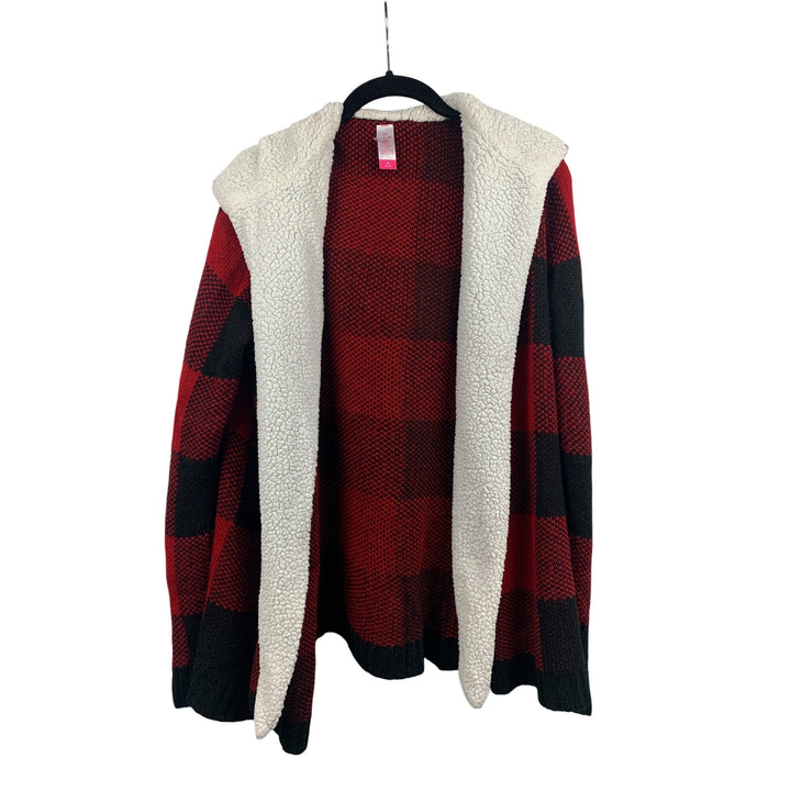 No Boundaries Red Plaid Hooded Cardigan M With Sherpa Lining
