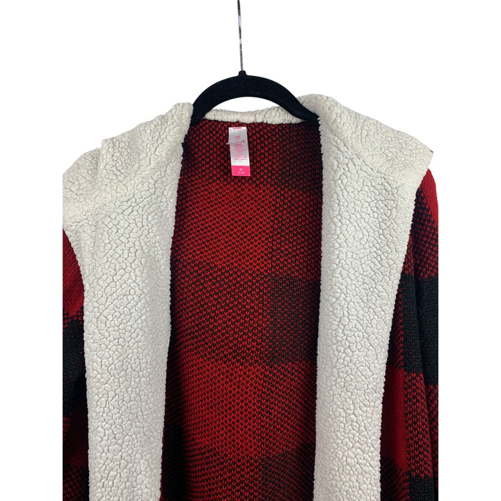 No Boundaries Red Plaid Hooded Cardigan M With Sherpa Lining
