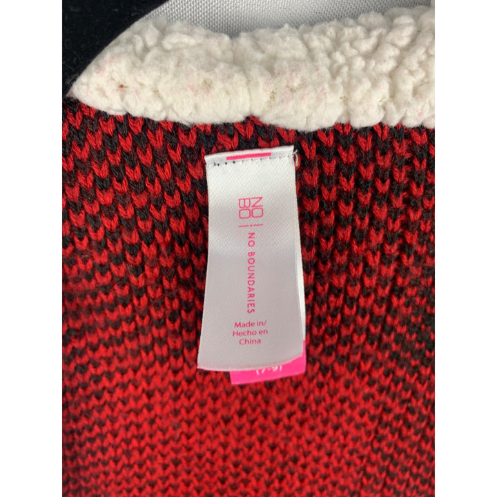 No Boundaries Red Plaid Hooded Cardigan M With Sherpa Lining