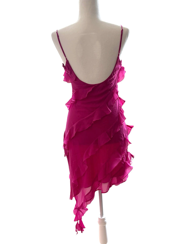 Abercrombie & Fitch Women's Fuchsia Barbie Pink Adjustable Straps Ruffle Asymmetrical Hem Mini Dress, size S
