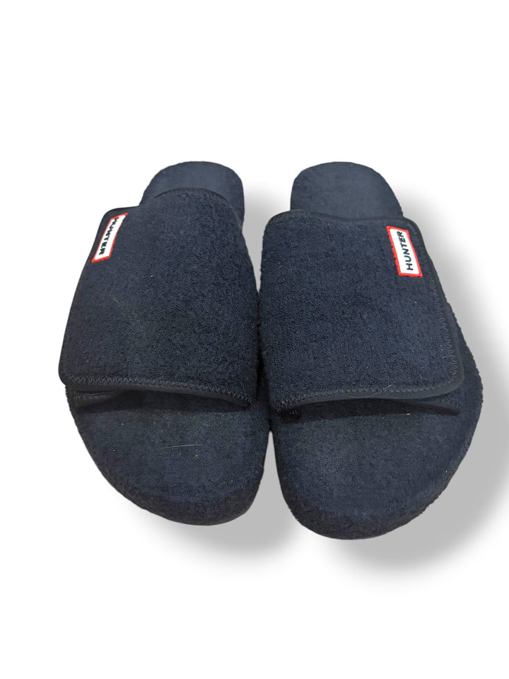 Hunter Black Fuzzy Velcro Slide Slippers Logo Comfort Sandals Women’s Size 10