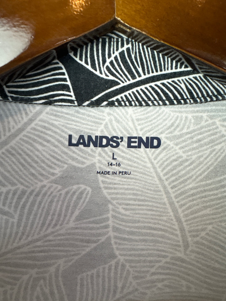 Women’s Lands’ End Large Black &amp; White Leaf Pattern Polo Shirt