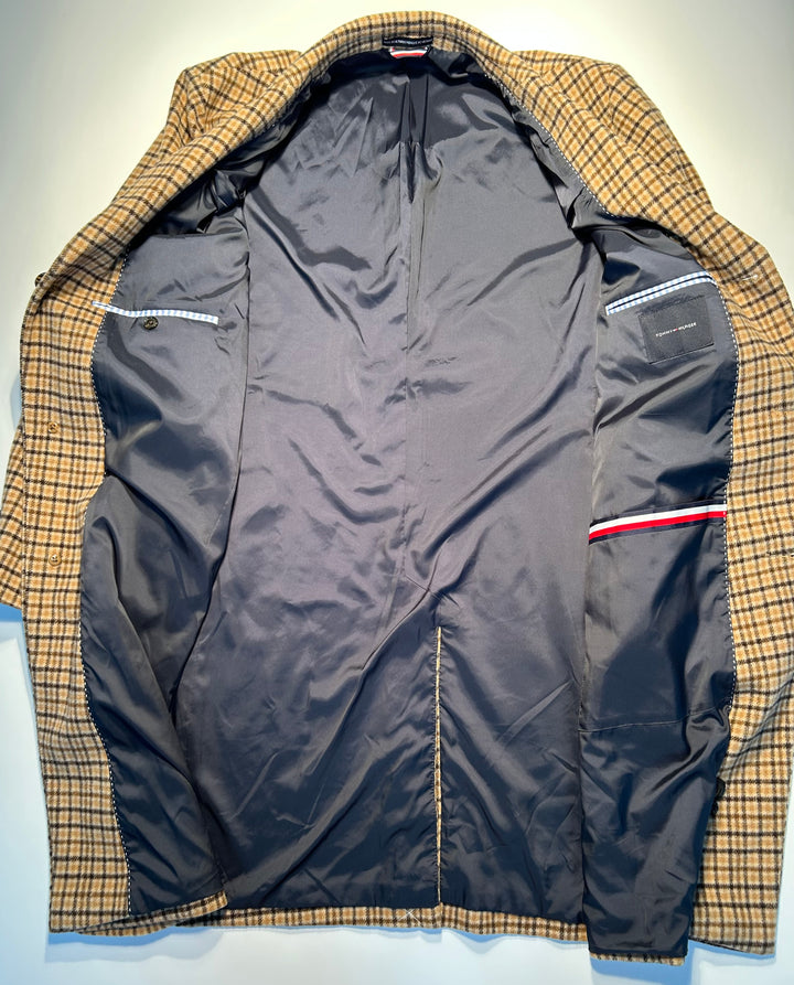 Tommy Hilfiger Men’s Size 46L Brown Beige Wool Blend Plaid Overcoat Topcoat