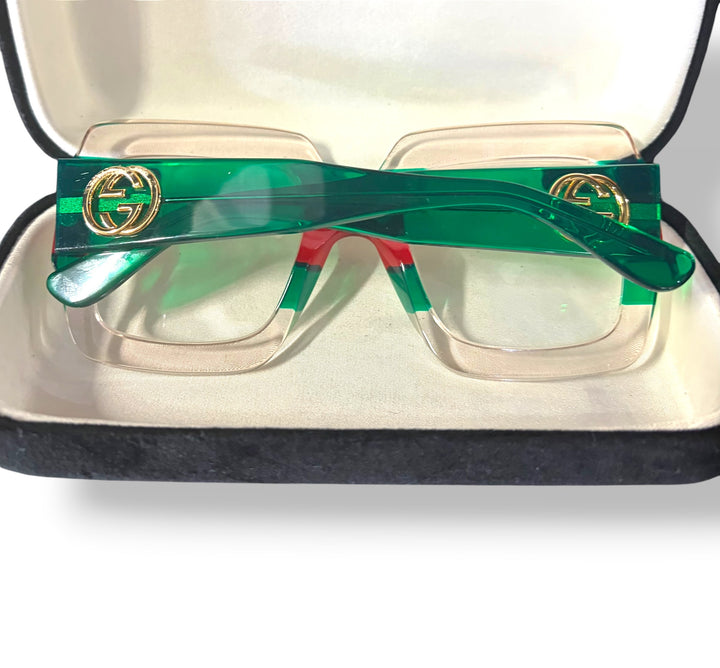Gucci Oversized Square Web Stripe Sunglasses Green Red Clear Gold Logo