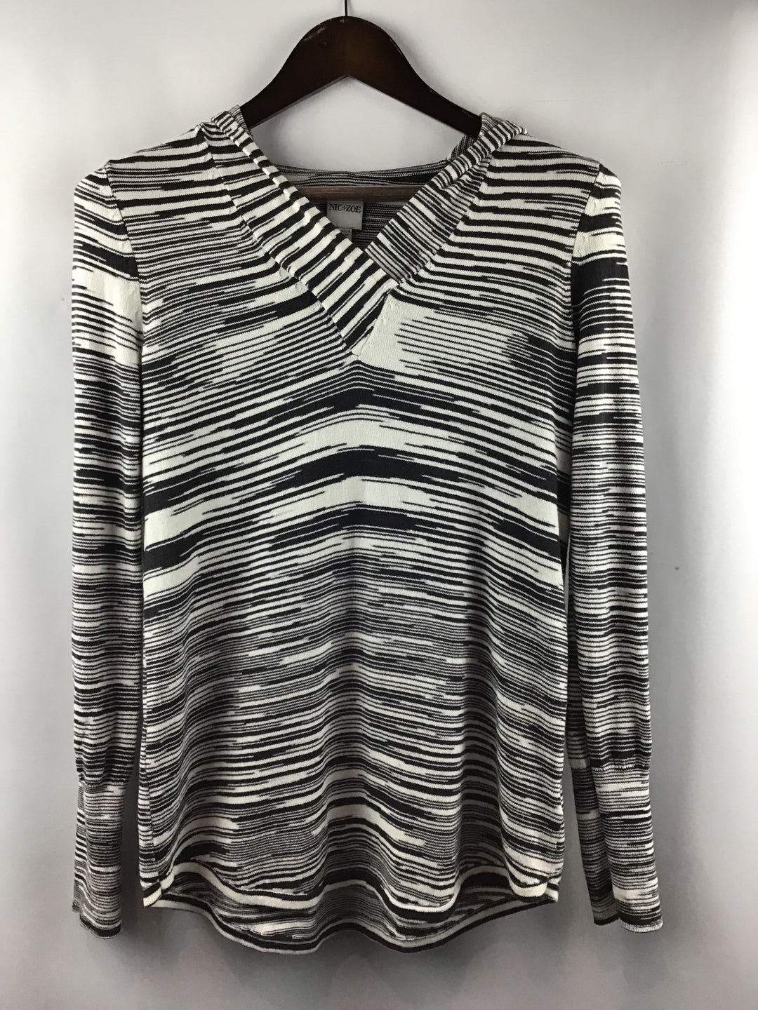 Women’s Nic + Zoe  Black White Abstract Stripe Knit Pullover Hoodie Size S