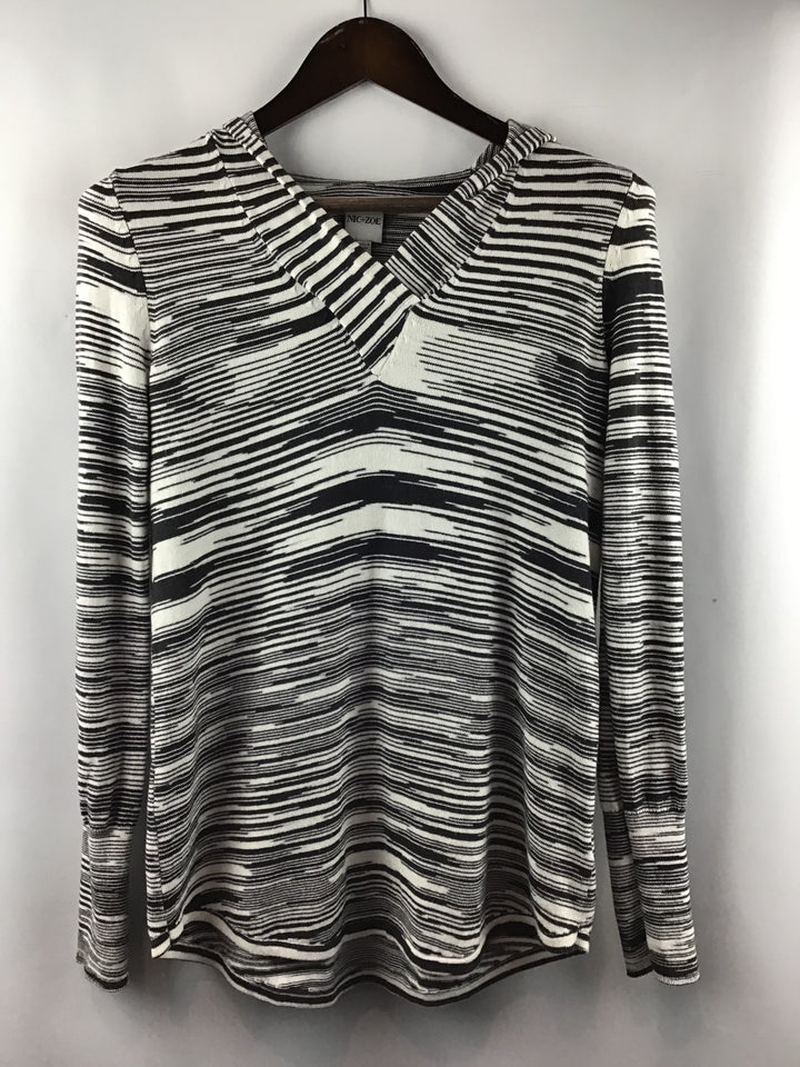 Women’s Nic + Zoe  Black White Abstract Stripe Knit Pullover Hoodie Size S