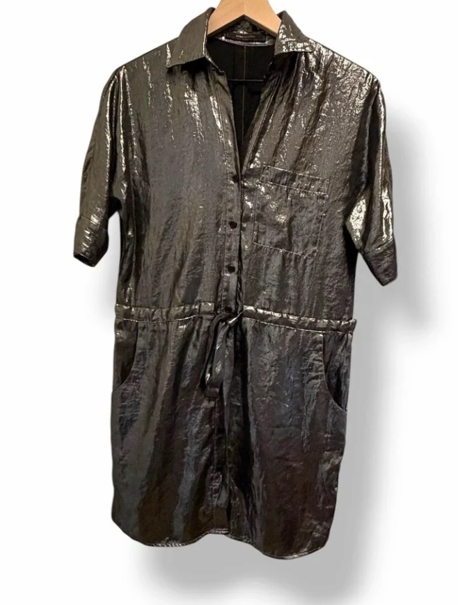BCBGMAXAZRIA Gunmetal Metallic Shirt Dress XS Tie Waist Button Front Pocket Mini