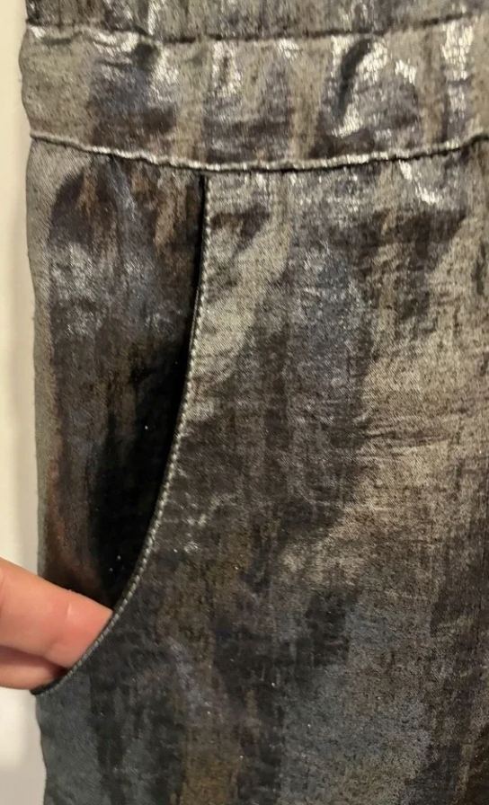 BCBGMAXAZRIA Gunmetal Metallic Shirt Dress XS Tie Waist Button Front Pocket Mini