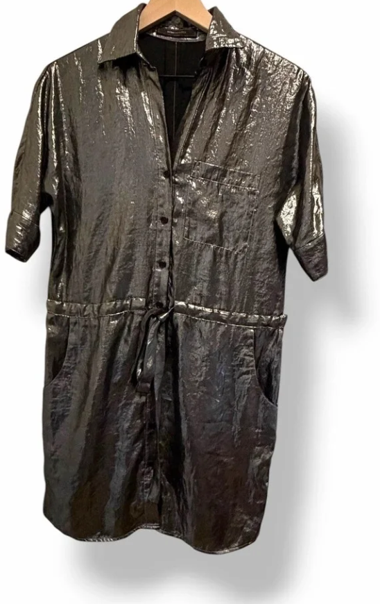 BCBGMAXAZRIA Gunmetal Metallic Shirt Dress XS Tie Waist Button Front Pocket Mini