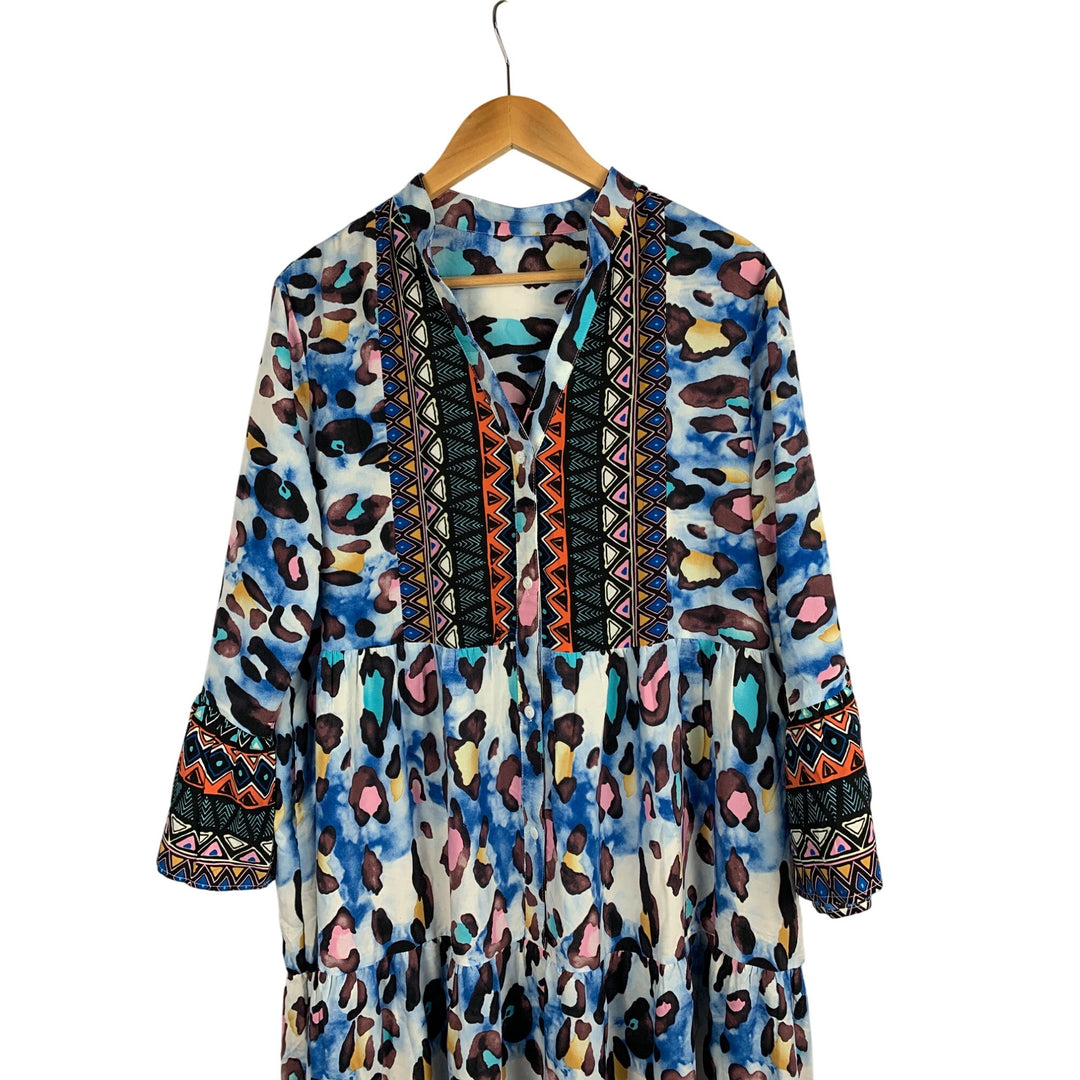 Colorful Bohemian Maxi Dress With Vibrant Patterns & 3/4 Sleeves
