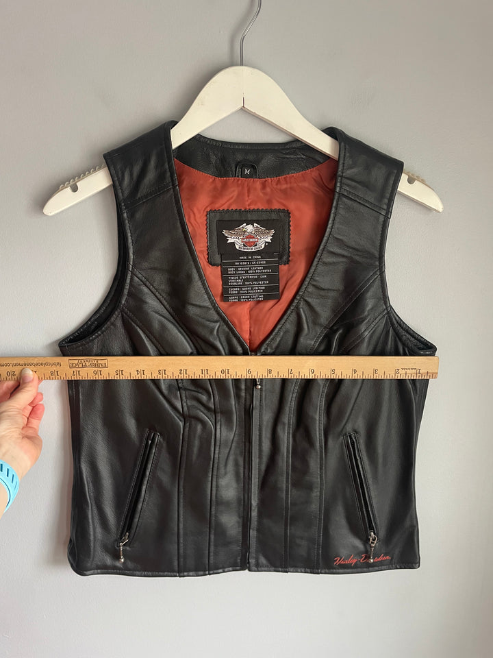 Harley Davidson Womens Black Leather Vest Zip Front Bar Shield Patch Sz M Vintage 2009