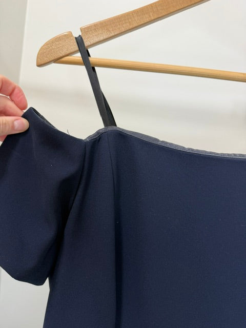 A Exclusive Formal Gown – Navy Off‑Shoulder Column Dress w/ Organza Overlay – Boutique Couture – Retail $1000+
