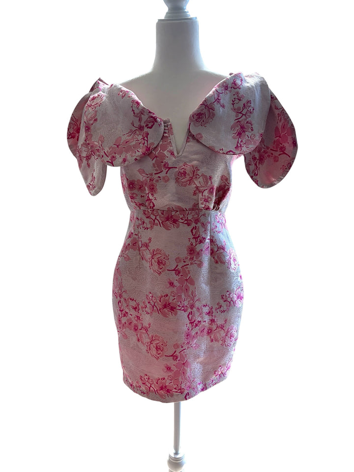 PrettyLittleThing Pink V-Bar Jacquard Expressive Sleeves Mini Bodycon Dress, Size 4