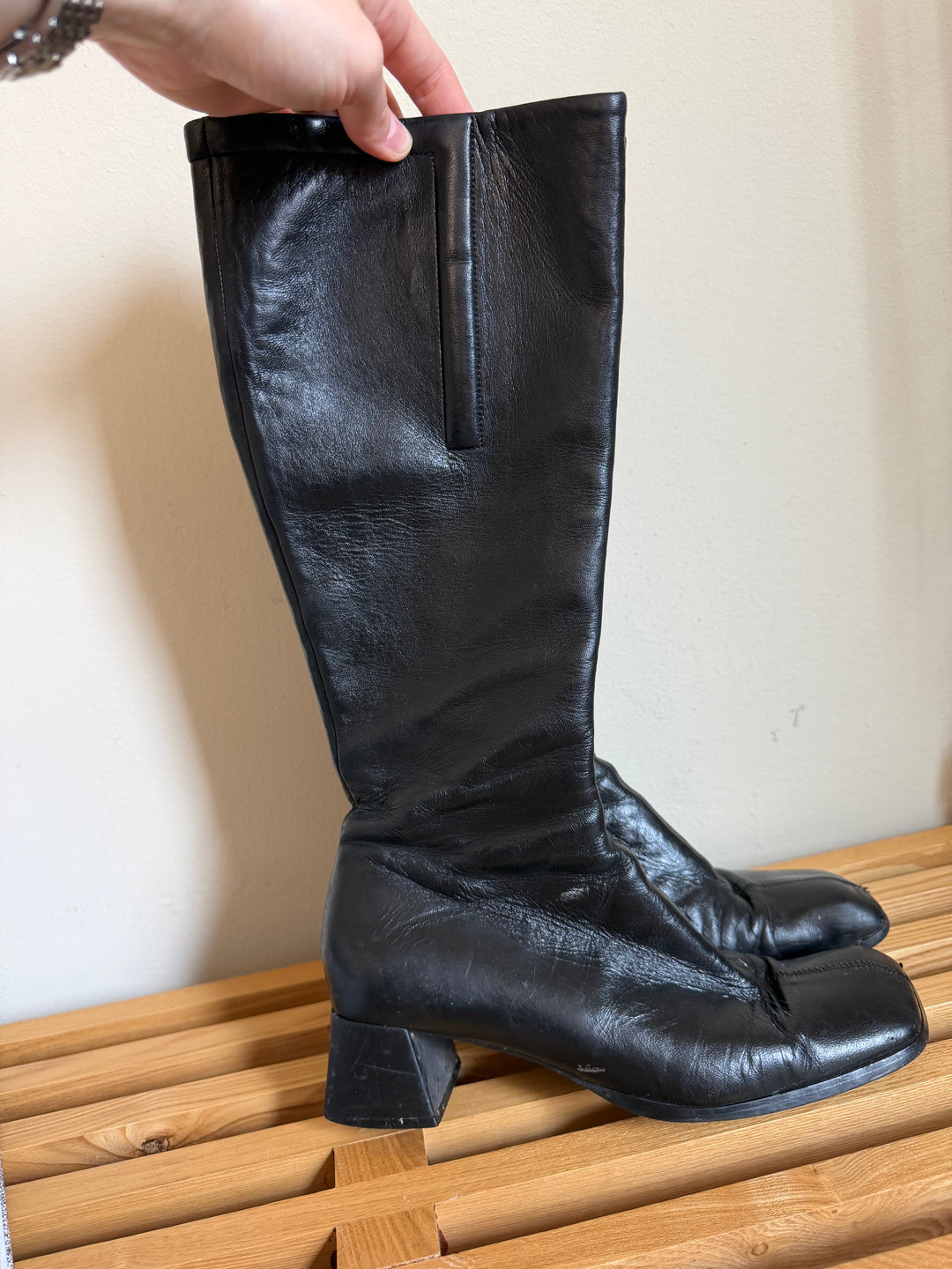 Vintage Miu Miu Black Leather Square Toe Knee High Boots 37.5 Y2K
