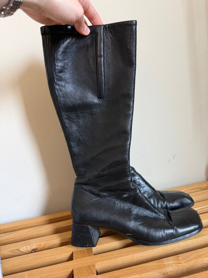 Vintage Miu Miu Black Leather Square Toe Knee High Boots 37.5 Y2K