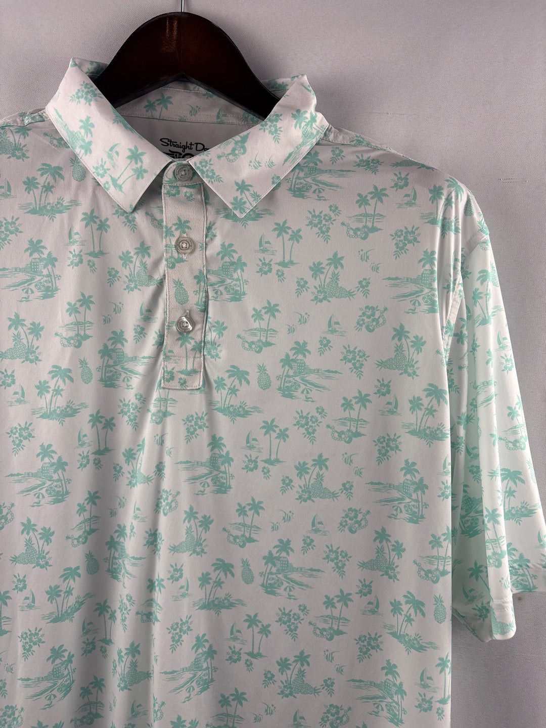 Men’s Straight Down XL White Golf Polo w/ Green Hawaiian Pattern