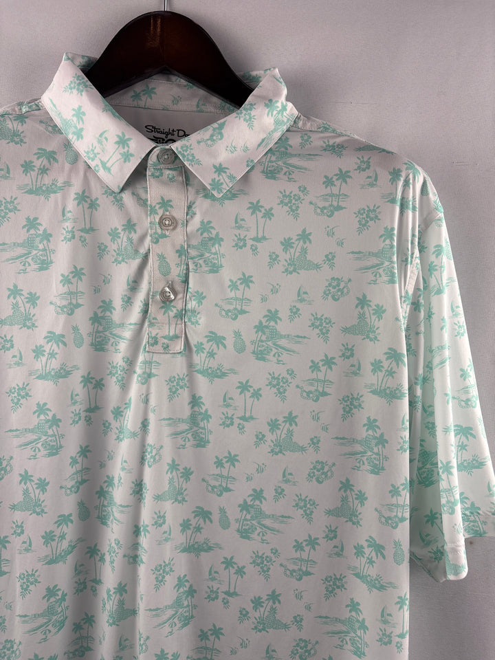 Men’s Straight Down XL White Golf Polo w/ Green Hawaiian Pattern