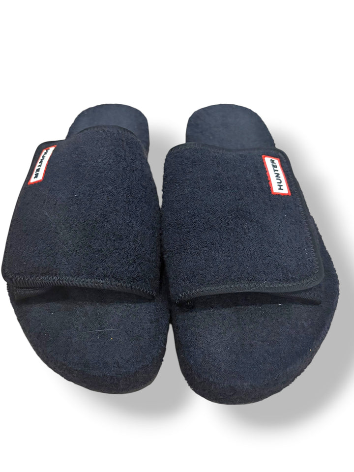 Hunter Black Fuzzy Velcro Slide Slippers Logo Comfort Sandals Women’s Size 10