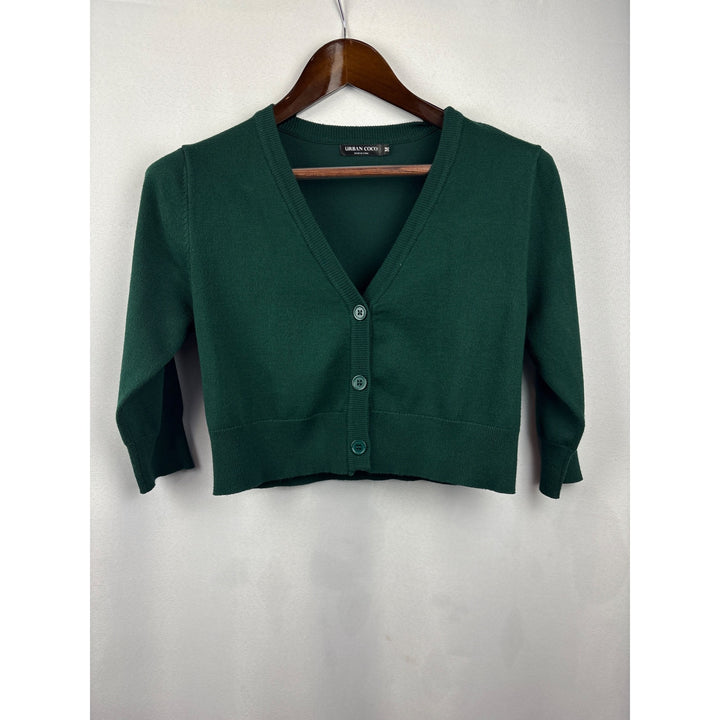 Women’s Urban CoCo Medium Dark Green Cropped Cardigan with Three Quarter Length Sleeves