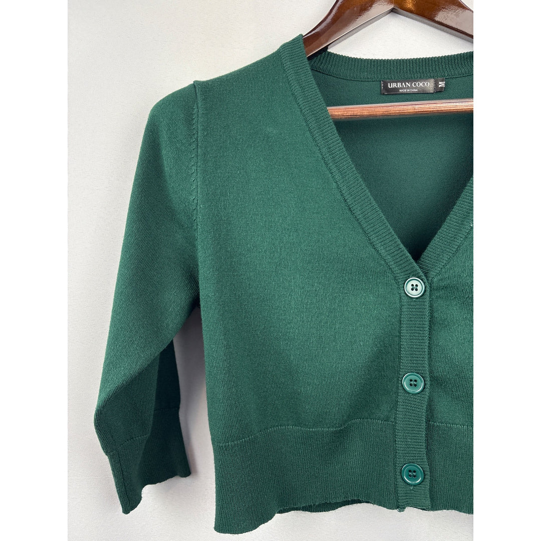 Women’s Urban CoCo Medium Dark Green Cropped Cardigan with Three Quarter Length Sleeves