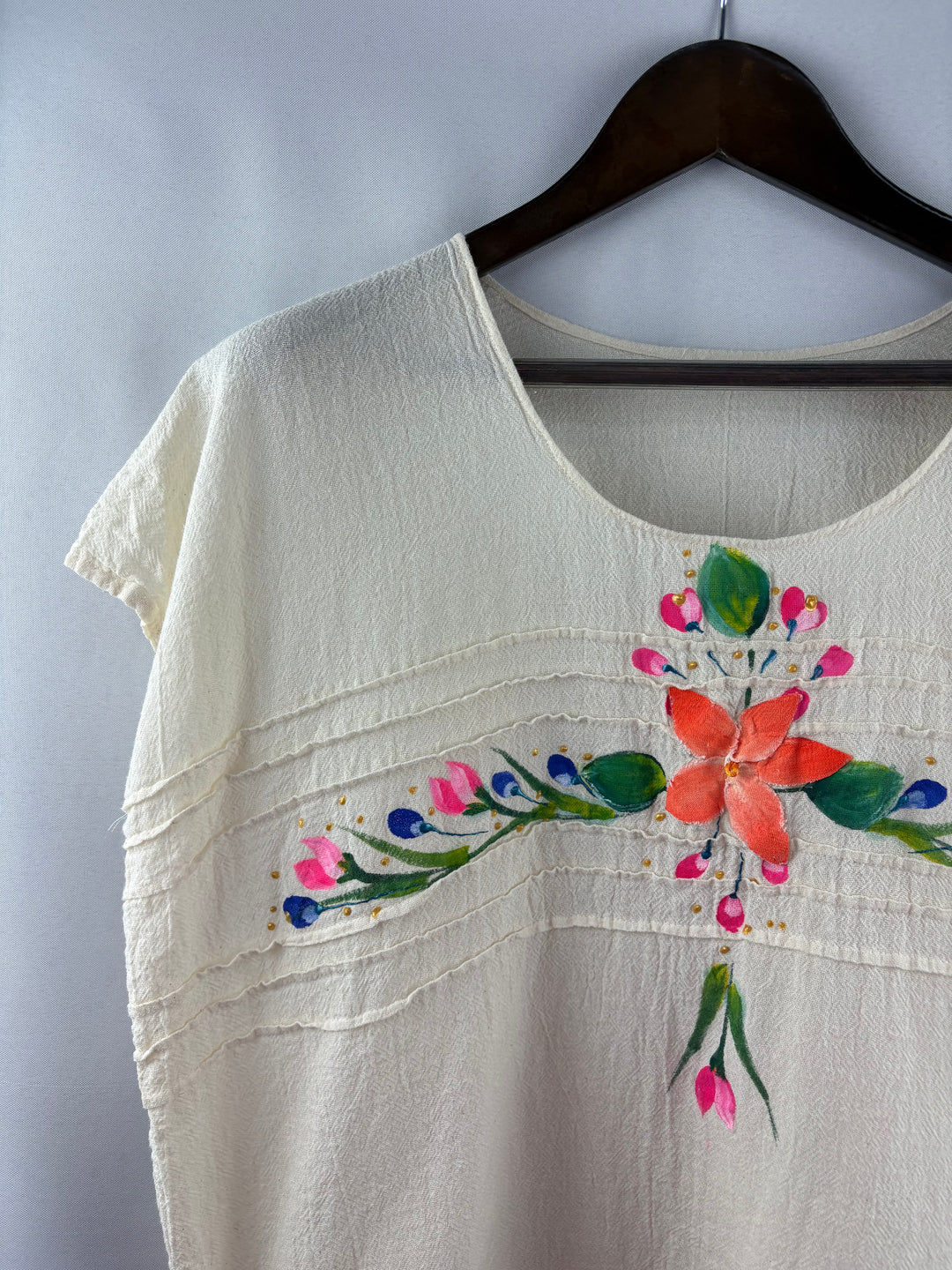 Women’s Handmade XL Cream Floral Embroidered Blouse