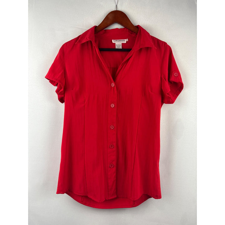 Compliments Womens Red Short Sleeve Button-Up Blouse Size M 50% Polyamide & 50% Polyester