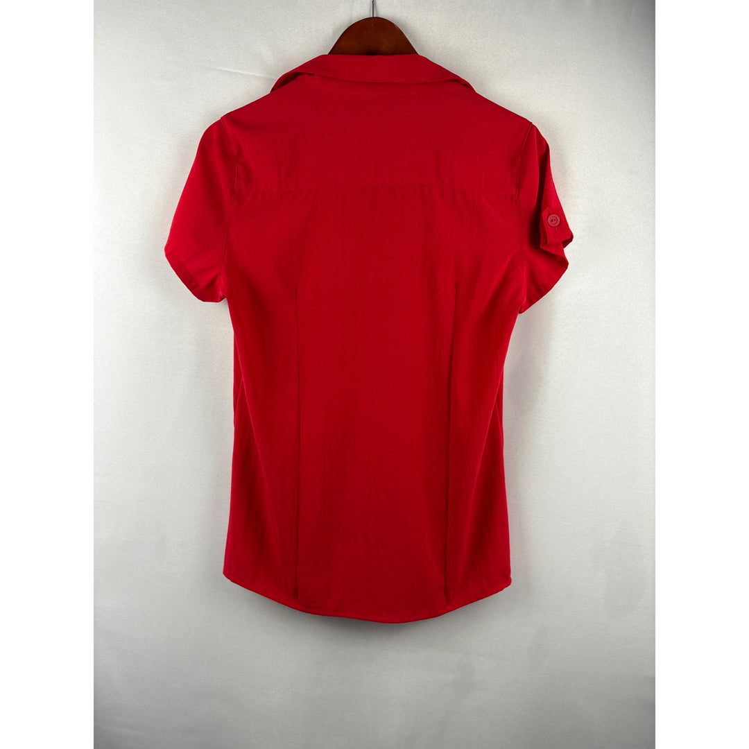 Compliments Womens Red Short Sleeve Button-Up Blouse Size M 50% Polyamide & 50% Polyester